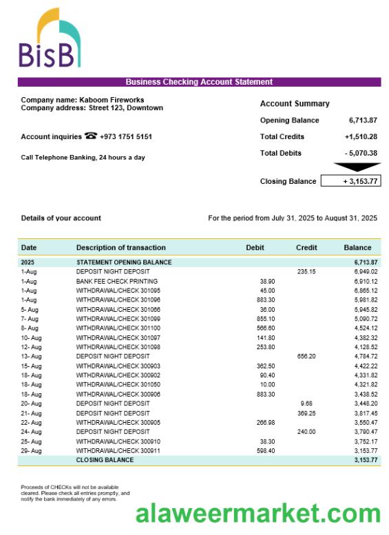 BISB business bank company account statement Word and PDF format